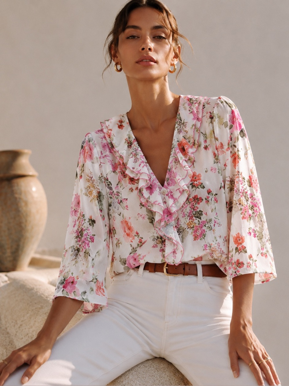 Zara Floral Ruffle V-Neck Blouse - White with Pink and Green